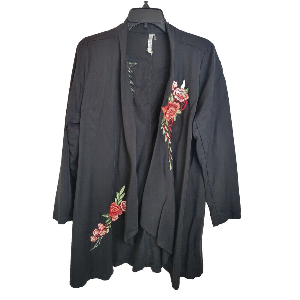 Maria Reno Waterfall Jacket Women's Black Embroidered Floral Open Front Sz Small